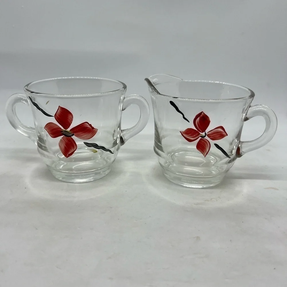 Vtg Sugar Creamer Set Handpainted Glass Poinsettia Floral Christmas Serveware